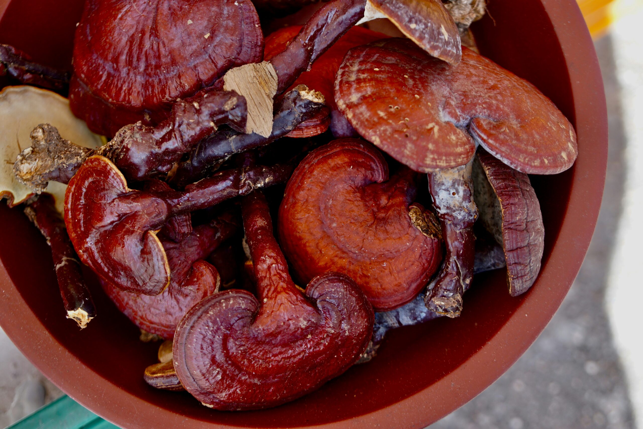 red and white chili peppers in red ceramic bowl